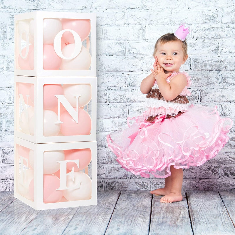 PartyHooman First Birthday Decorations Balloon 'ONE' Boxes for Baby Girl - 24 Balloons - Baby 1st Birthday Girl Decoration, Clear Cube Blocks 'ONE' Letters as Cake Smash Photoshoot Props Backdrop | 1 Year Old - Image 4